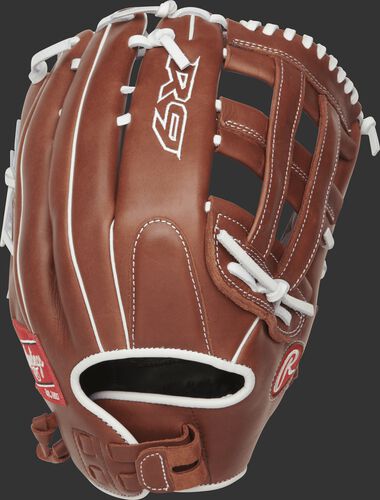 R9SB130-6DB 13-inch R9 softball h web outfield glove with a brown back and Pull-Strap back design