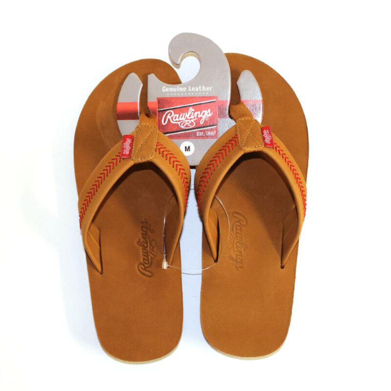 Top of Rawlings Men's Baseball Stitch Nubuck Brown Leather Sandals With Red Baseball Stitch and Brand Name
