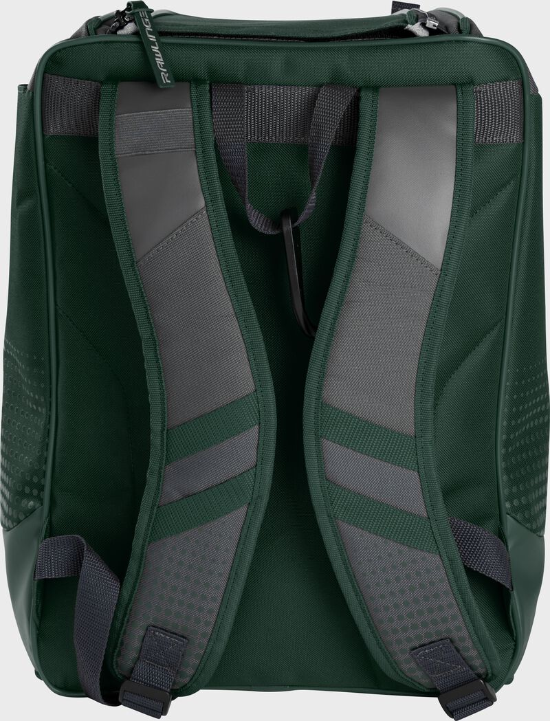 Back of a dark green Rawlings Franchise backpack with gray shoulder straps - SKU: FRANBP-DG