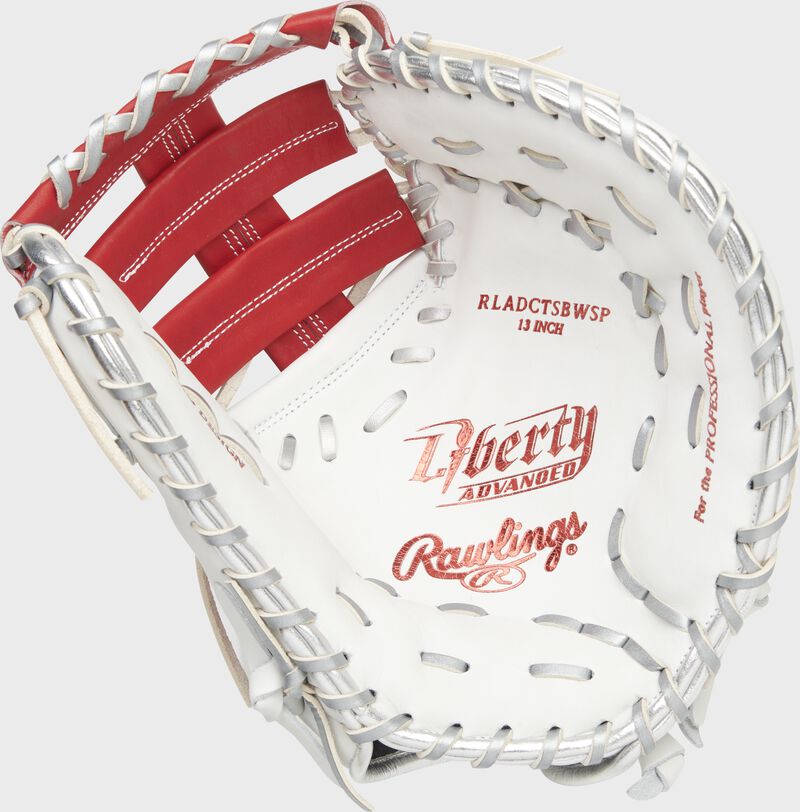 White palm of a Rawlings Liberty Advanced Color Series 1st base mitt with platinum laces and scarlet stamping - SKU: RLADCTSBWSP