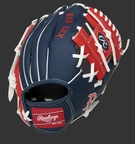Back of a navy/red Boston Red Sox 10-inch I-web glove with a red Rawlings patch - SKU: 22000024111