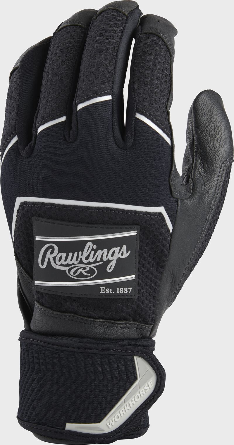 Back of a black 2022 Workhorse compression strap batting glove with a black Rawlings patch - SKU: WH2CBG-B