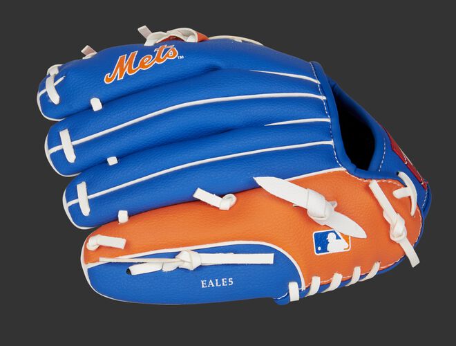 Back of a blue/orange New York Mets 10-inch youth glove with the MLB logo on the pinky - SKU: 22000017111