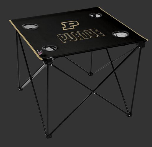 A black NCAA Purdue Boilermakers deluxe tailgate table with four cup holders and team logo printed in the middle SKU #00713053111