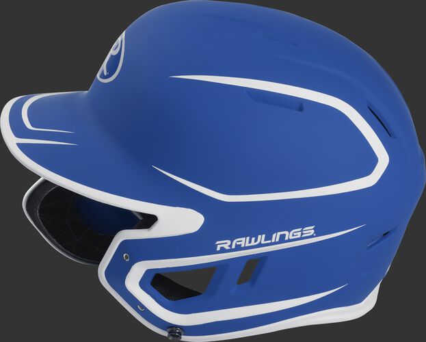 Left side of a MACHEXTR senior Rawlings batting helmet with a two-tone matte royal/white shell