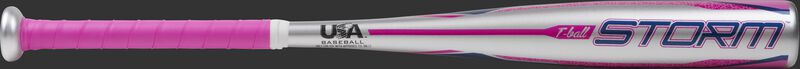 Barrel of a silver TBZS12 Rawlings 2020 Storm T-ball bat with pink and navy accents