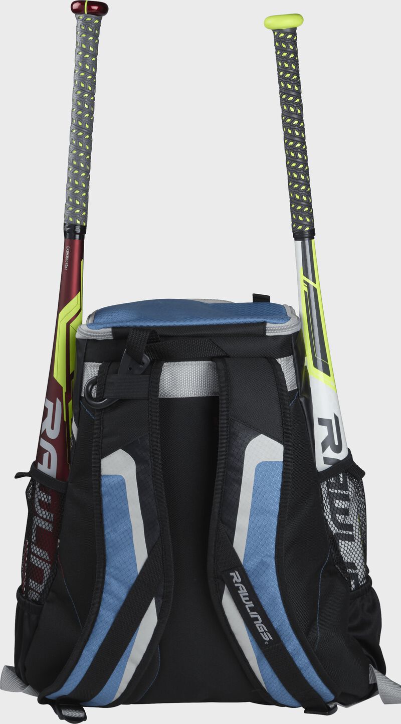 Back of a black/columbia blue R500 team backpack with two bats in the side sleeves