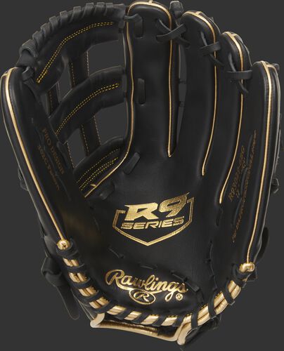 Black palm of a Rawlings R9 series outfield glove with a gold logo stamped on the palm and black laces - SKU: R93029-6BG