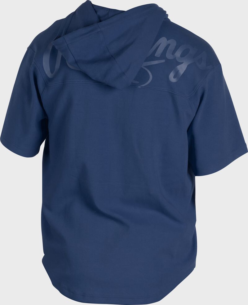 Back of a navy Rawlings Gold Collection short sleeve hoodie with a navy script Rawlings logo across the back - SKU: GJJ-N