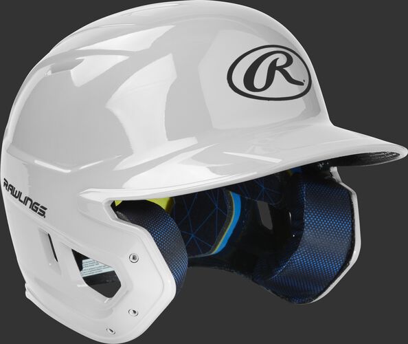 Right angle view of a matte MACH Junior batting helmet with a white shell