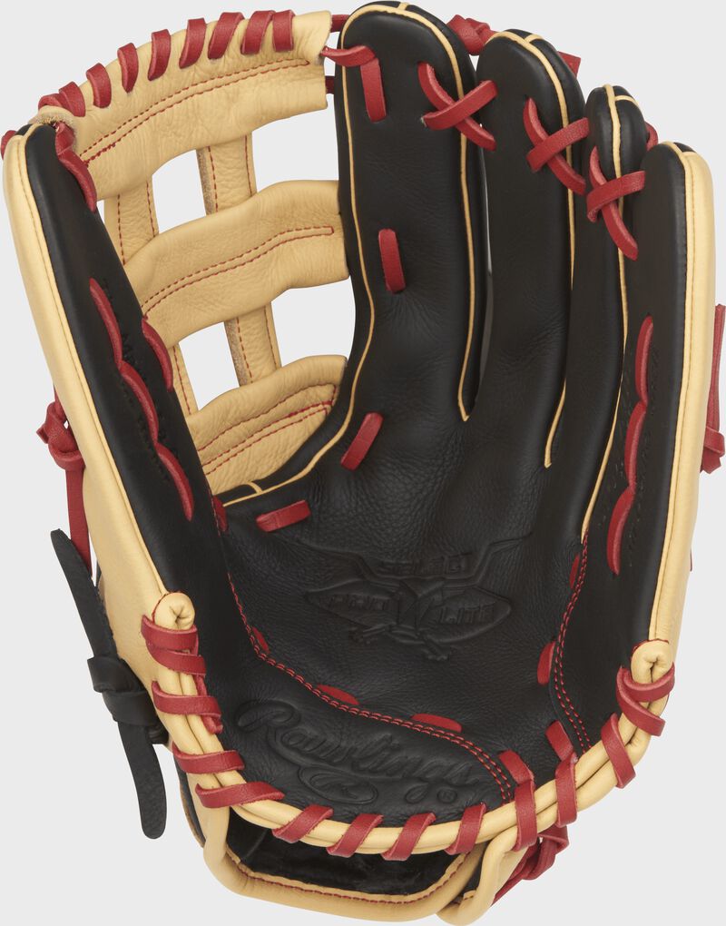 SPL120BH Rawlings Bryce Harper Select Pro Lite outfield glove with a black palm and scarlet laces