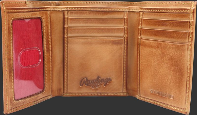 Inside of a tan RW80003-204 Rawlings tri-fold wallet with 6 credit card slots and clear ID window on the left