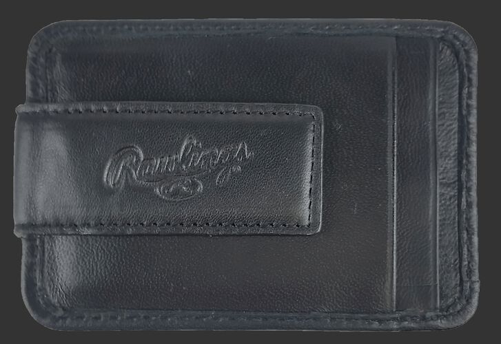 An embossed Rawlings logo on the magnetic clip of a black RL164-001 money clip with two additional credit card slots