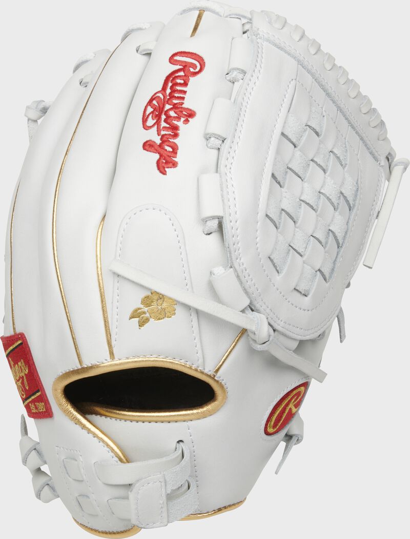 Shell back view of red and white 2021 Liberty Advanced 12.5-inch fastpitch glove loading=