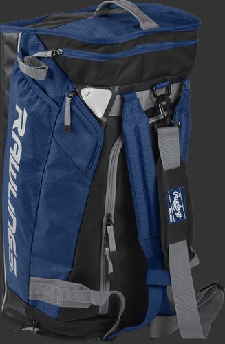 Angled view of a navy R601 Rawlings hybrid bag standing up like a backpack