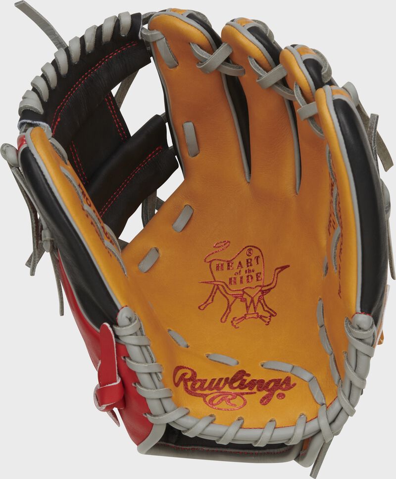 Tan palm of a Rawlings Heart of the Hide ColorSync 8.0 infield glove with scarlet stamping and gray laces - SKU: PRO934-2TS