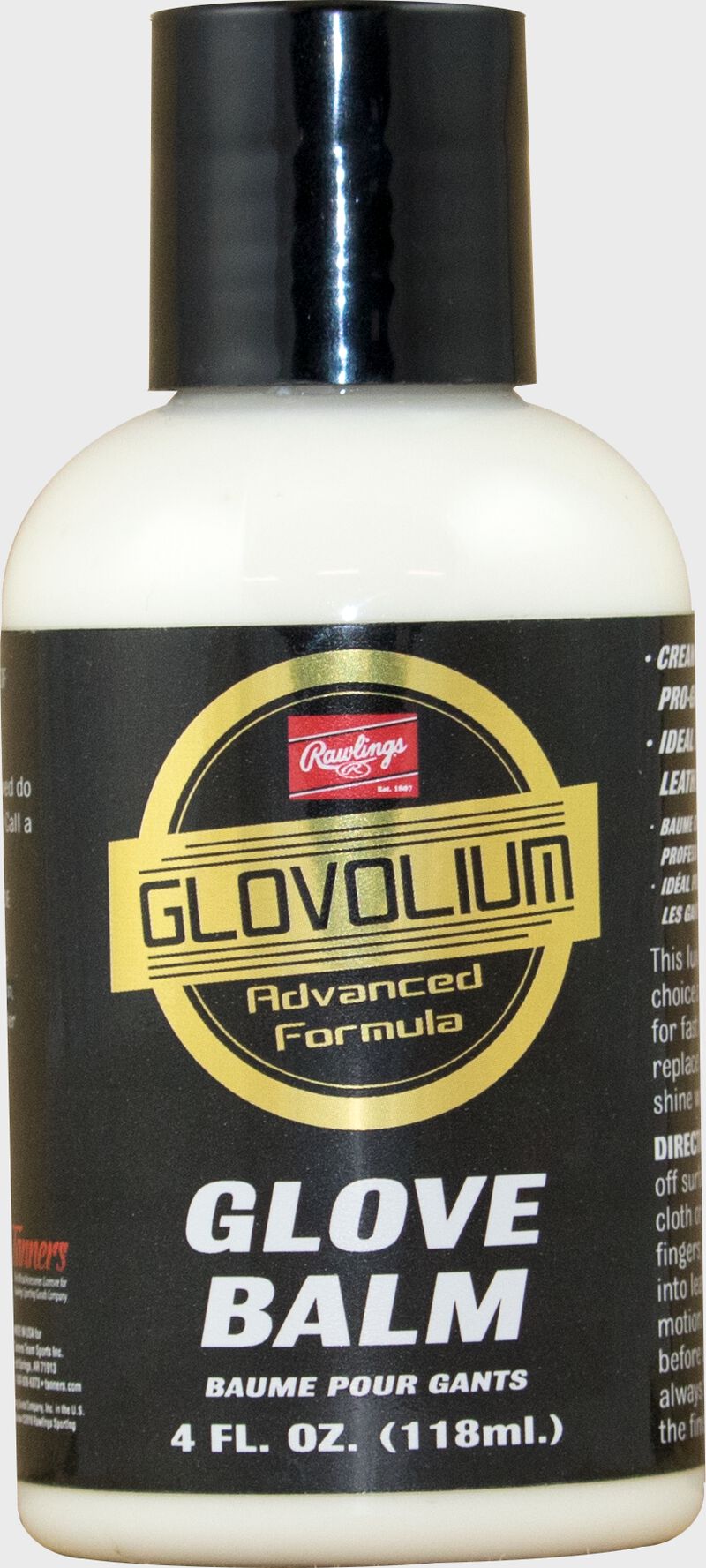 A bottle of Rawlings Glovolium Glove Balm for glove care and maintenance SKU #GLVBALM