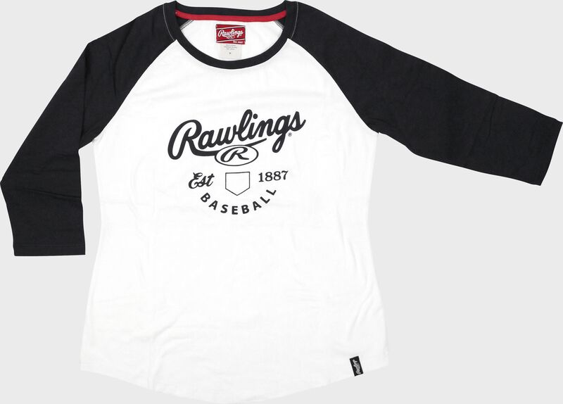 Front of Rawlings White/Navy Women's EST Raglan Baseball T-Shirt - SKU #RA30002-400 loading=