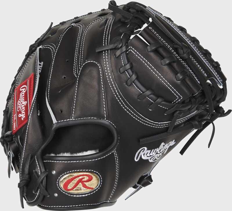 Back of a black Sean Murphy Pro Preferred catcher's mitt with a gold Oval-R on the wrist strap - SKU: RSGPROSCM43BP-SM12 loading=