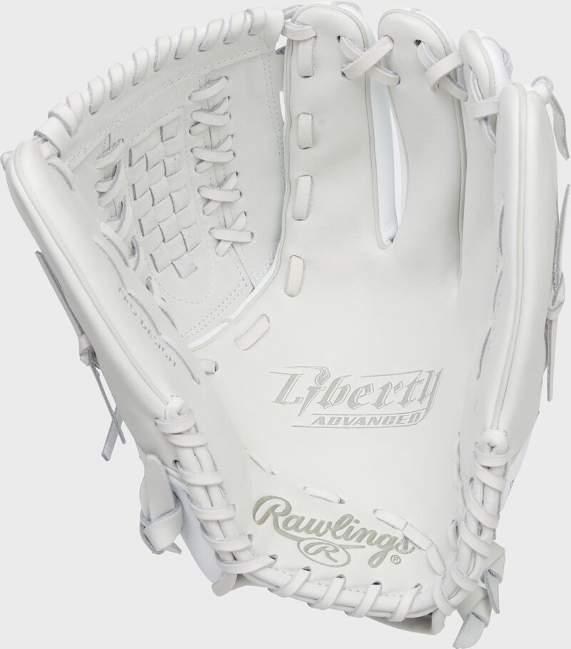 White palm of a Rawlings Liberty Advanced fastpitch glove with white laces - SKU: RLA125-18WSS