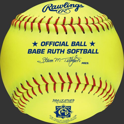A yellow PX2RYLBR Babe Ruth official 12-inch softball with red stitching