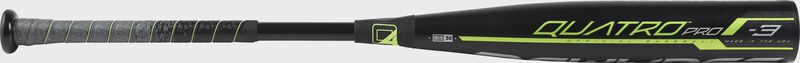 Barrel View of the black BB9Q3 Rawlings 2019 Quatro Pro College/High School bat with the Quatro Pro logo on the barrel