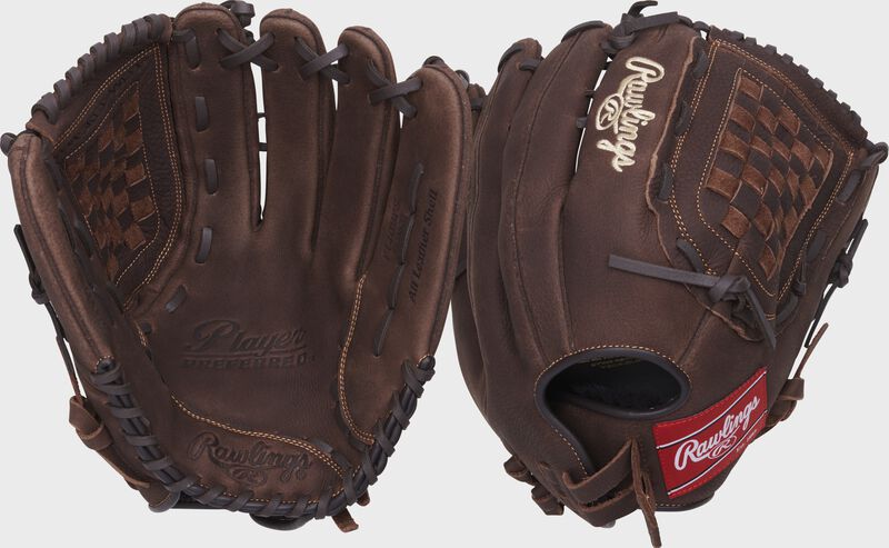 Two images showing the palm & back of a brown Player Preferred 14" outfield glove