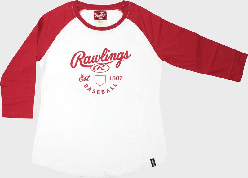 Front of Rawlings White/Scarlet Women's EST Raglan Baseball T-Shirt - SKU #RA30002-623