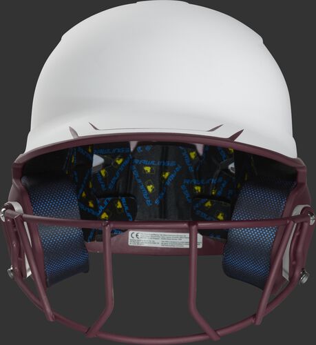 Front of a white/maroon Mach fastpitch softball helmet with a maroon mask - SKU: MSB13S-W/MA