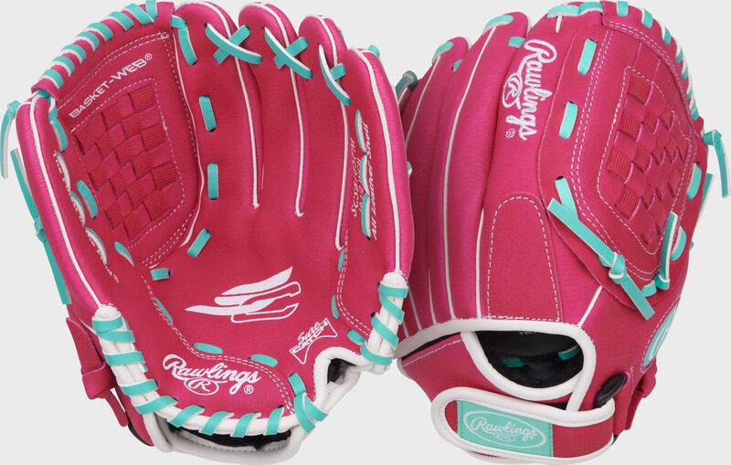 Two images showing the palm & back of a pink/mint Sure Catch Softball 10.5-inch Youth Softball Glove loading=
