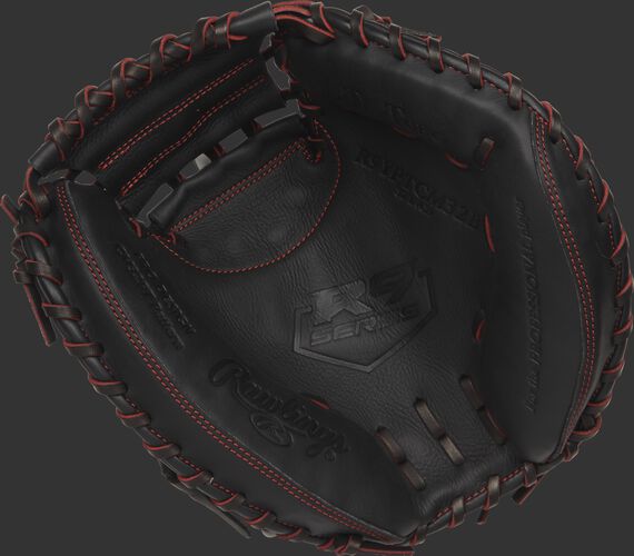R9YPTCM32B 32-inch Rawlings youth catcher's mitt with a black palm and black/scarlet laces