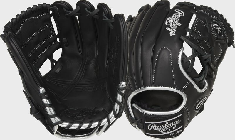 Two images showing the palm & back of a black Encore 11.75" infield/pitcher's glove