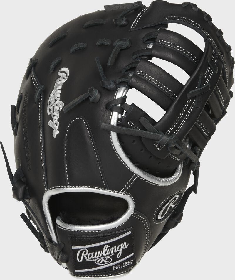 Back of a black 12-Inch Encore first base mitt with a black Rawlings patch - SKU: ECFBM-10B