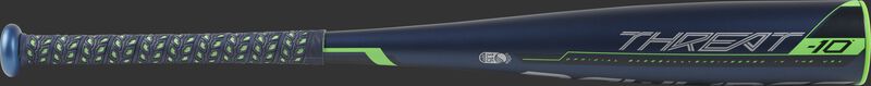 Barrel view of a UT9T10 2019 Threat USSSA baseball bat with a navy barrel and navy/green bat grip