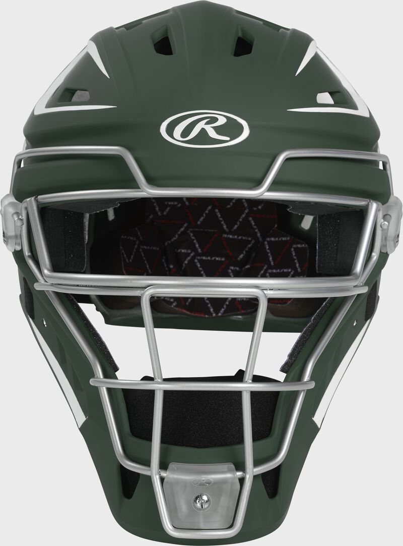 Front of a dark green Velo 2.0 catcher's helmet