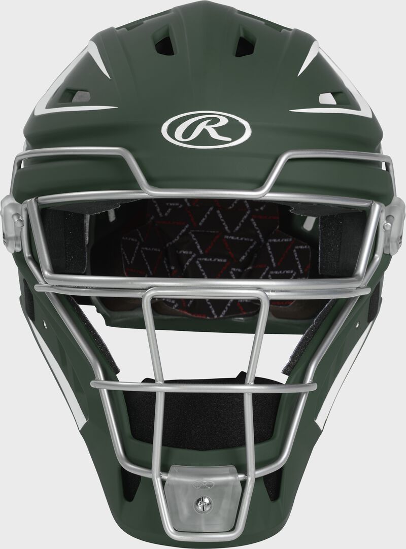 Front of a dark green Velo 2.0 catcher's helmet loading=
