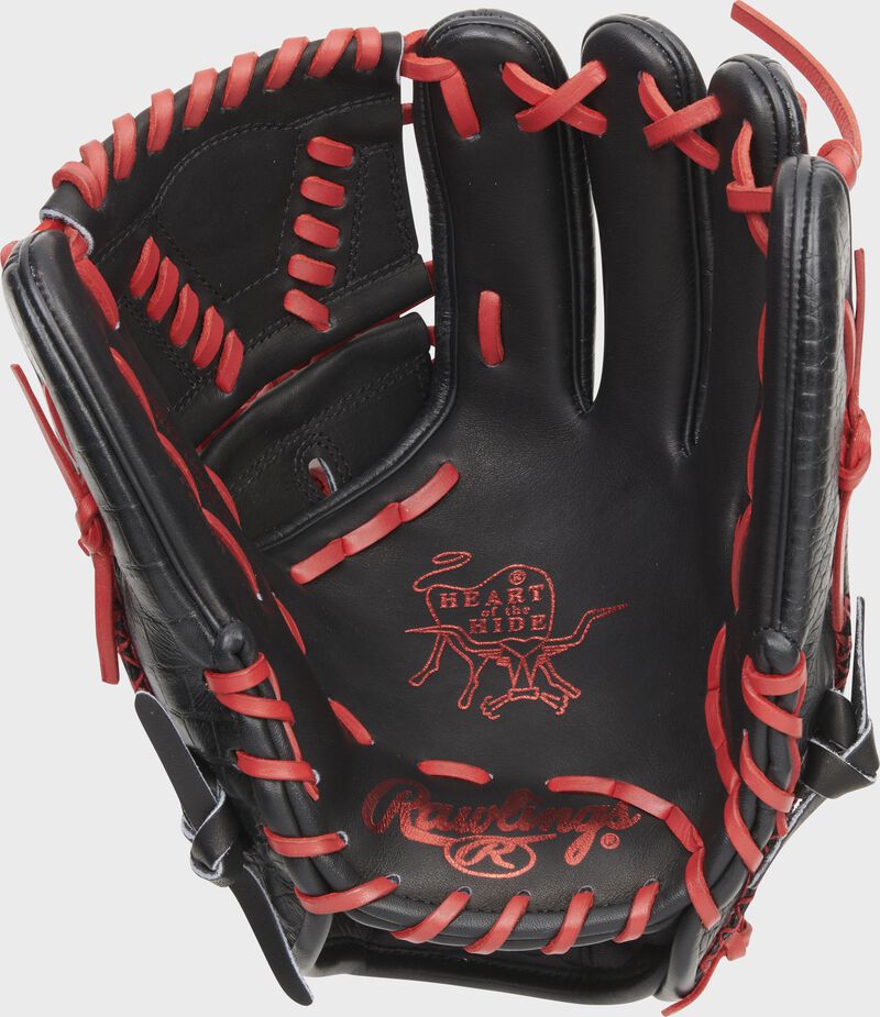 Black palm of a Rawlings HOH ColorSync 6.0 glove with scarlet laces and scarlet palm stamp - SKU: PRO205-30BCS