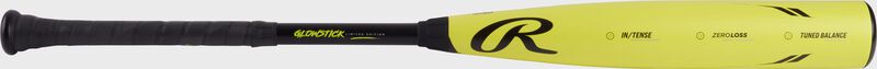 A neon yellow Rawlings Icon Glowstick BBCOR bat with a black R logo above the handle - SKU: RBB4I3