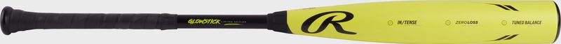 A neon yellow Rawlings Icon Glowstick BBCOR bat with a black R logo above the handle - SKU: RBB4I3 loading=