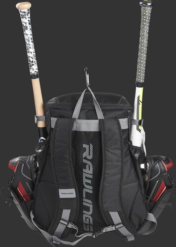 Back of a R1000 Rawlings Gold Glove Series equipment backpack with black shoulder straps