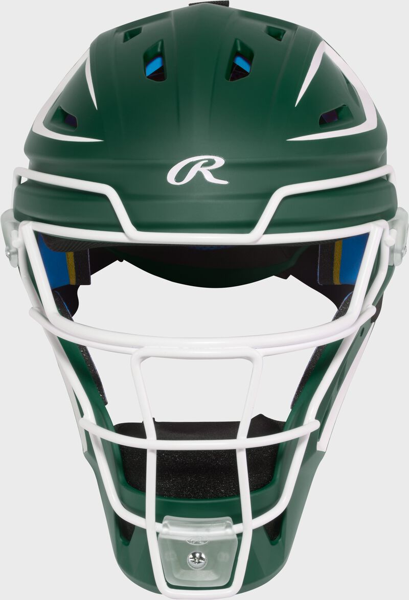 Front of a dark green Rawlings Mach Pro Series catcher's helmet loading=