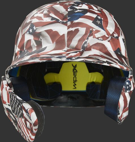 Front of a MACHEXTL-USA Rawlings Mach EXT batting helmet with an American flag hyro dipped design