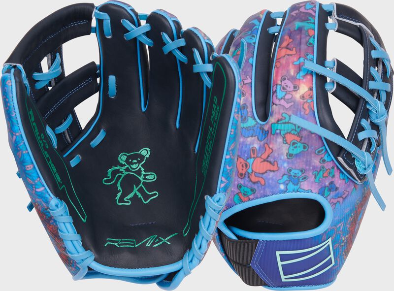 2 images showing the palm & back of a Rawlings x Grateful Dead REV1X infield glove loading=