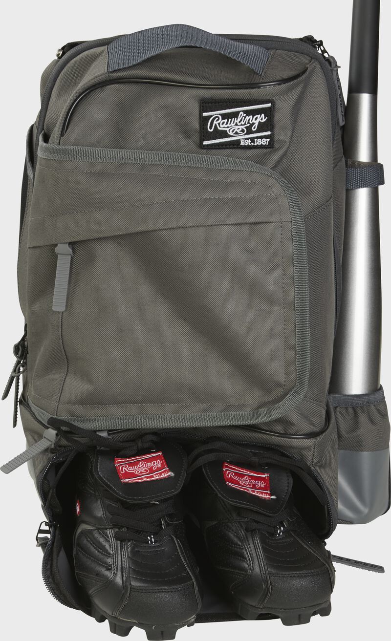 Front zoomed-in view of Rawlings Training Backpack with cleats - SKU: R701