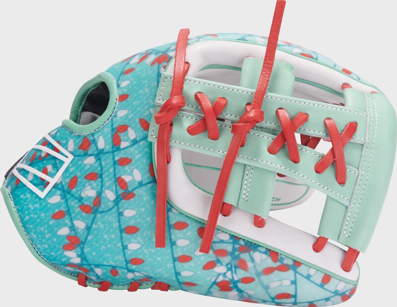 Thumb of a Rawlings REV1X 11.75" Holiday Lights infield glove with a white split laced single post web with scarlet laces