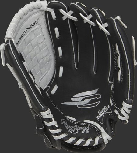 Black palm of a Rawlings Sure Catch baseball glove with gray stamping and gray laces - SKU: MEISC115BGB