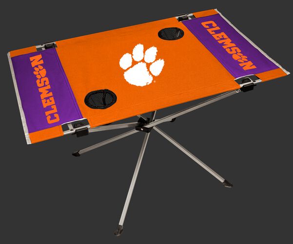 An orange/purple NCAA Clemson Tigers endzone table with two cup holders and team logo printed in the middle SKU #04053010111