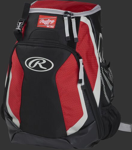 Left side of a black/scarlet R500 Players team backpack with white trim