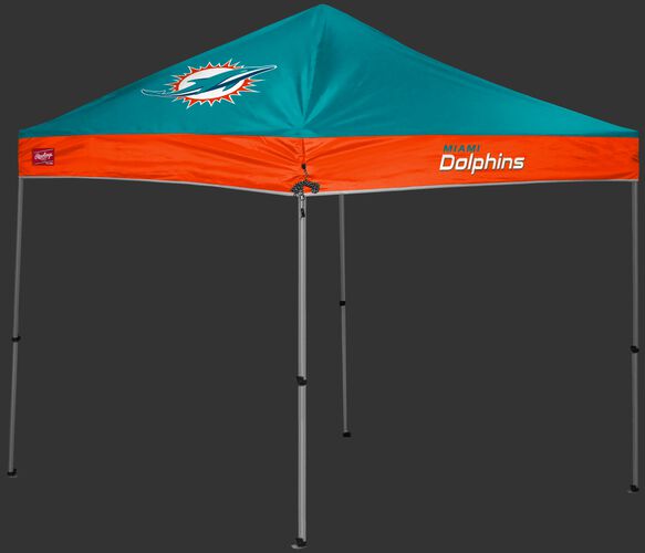 A teal/orange Miami Dolphins 9x9 shelter with a team logo on the left side - SKU: 03231074113