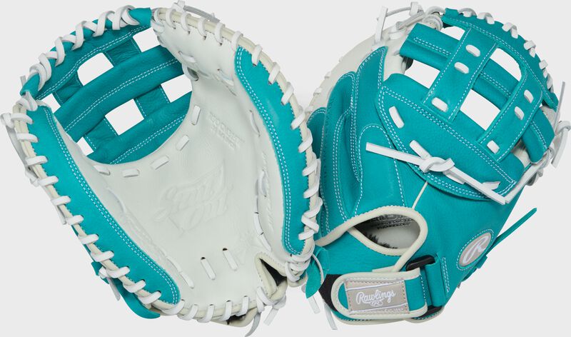 Two images showing the palm & back of a white/teal Shut Out 31.5-inch Fastpitch Softball Catcher's Mitt